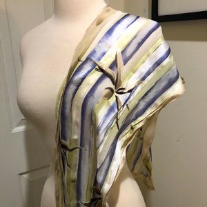 EUC Silk 10”x50” Scarf Oblong Blue Green Cream Floral Watercolor Brushstroke Vtg